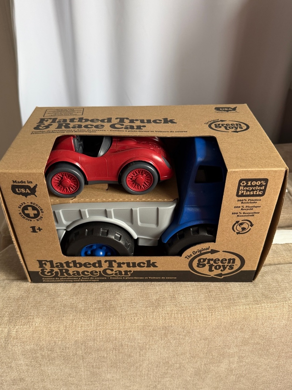 GREEN TOYS Flatbed Truck & Race Car - Blue Truck with Red Car